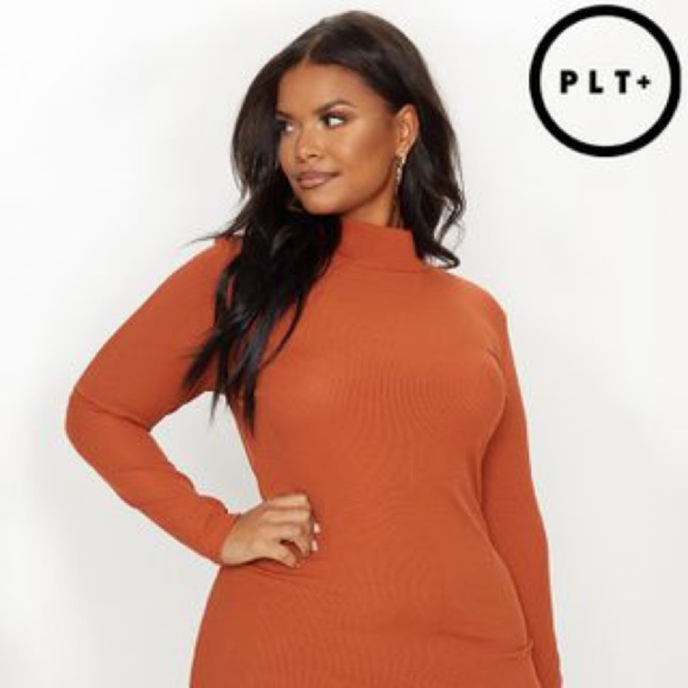 PRETTYLITTLETHING+ high neck rust bodycon dress